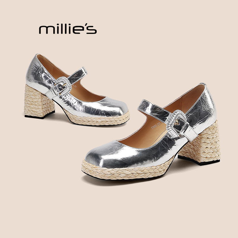 MILLIE'S/妙丽法式高跟玛丽珍鞋女款夏季粗跟增高单鞋配裙子凉鞋P