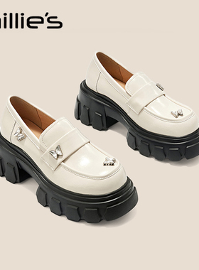 MILLIE'S/妙丽蝴蝶结白色乐福鞋女款2025秋季厚底增高软底小皮鞋