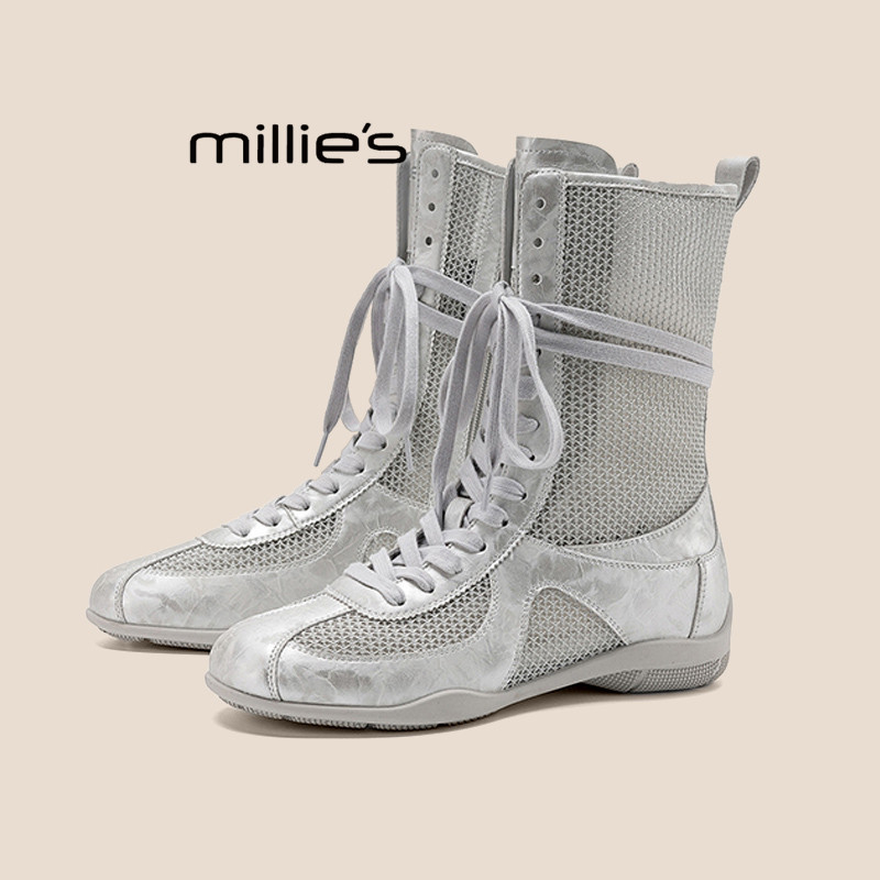 MILLIE'S/妙丽网面马丁靴女灰色系带透气内增高短靴瘦瘦靴夏新款P