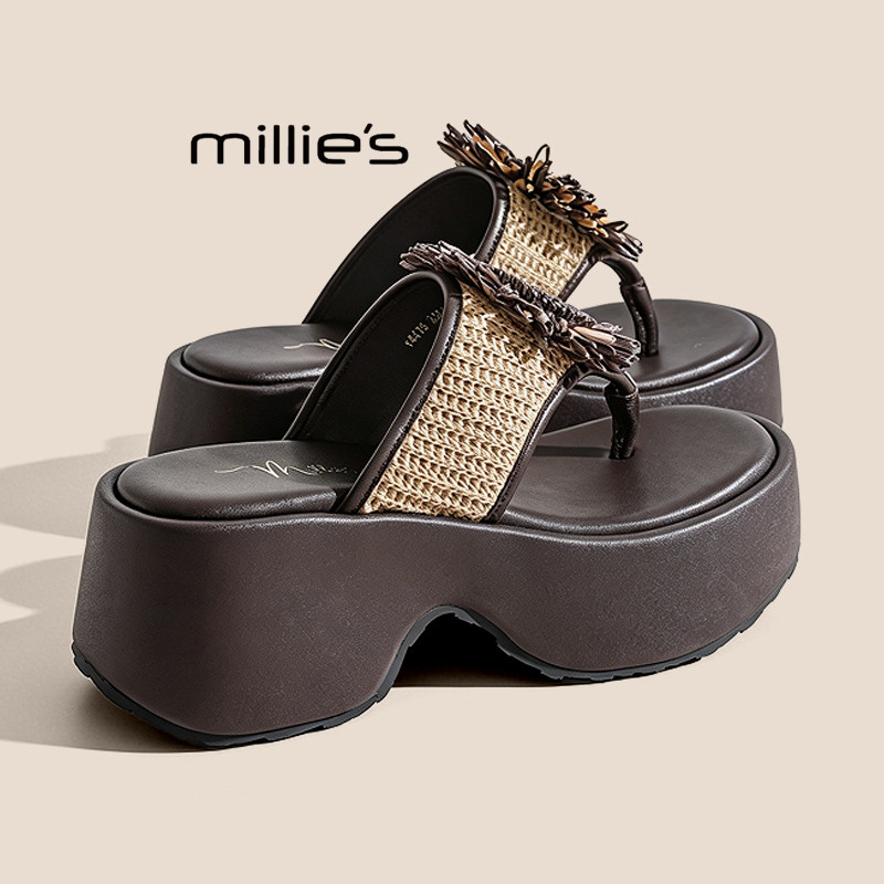 MILLIE'S/妙丽厚底人字拖女2026夏季编织夹脚拖鞋外穿增高沙滩鞋P