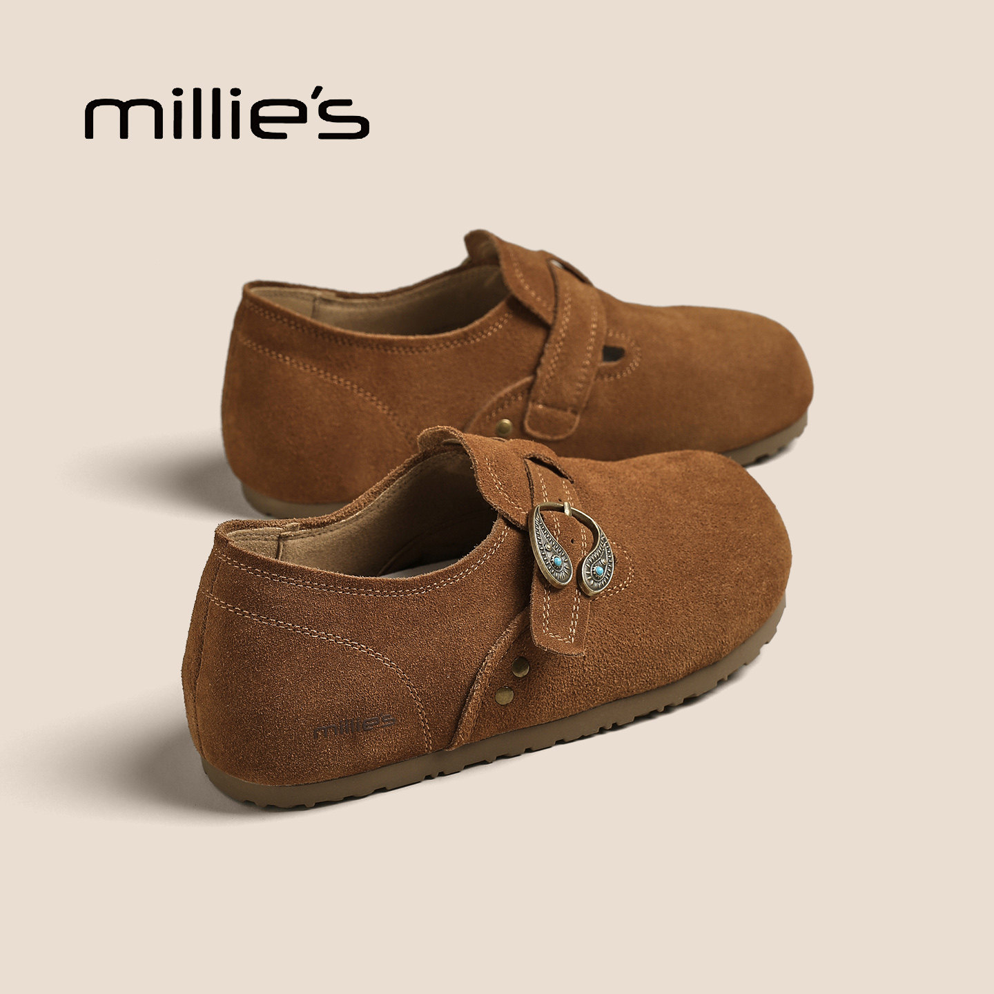 MILLIE'S/妙丽2026新款秋冬真皮勃肯鞋女平底单鞋一脚蹬懒人鞋ZQ