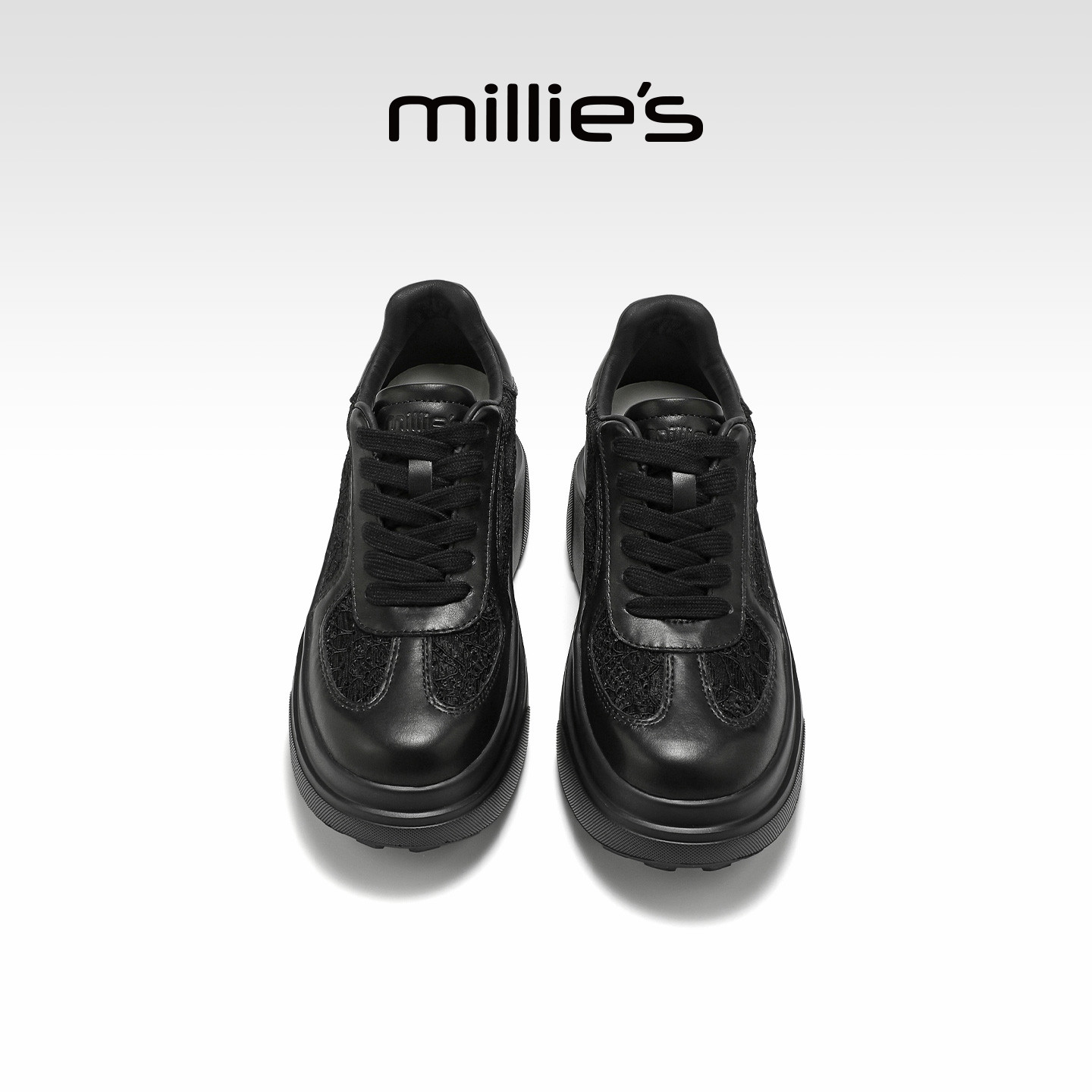 MILLIE'S/妙丽黑色厚底老爹鞋女春季系带休闲鞋百搭舒适德训鞋Q,女鞋,老爹鞋,淘宝优惠券,粉丝福利购,淘宝优惠卷