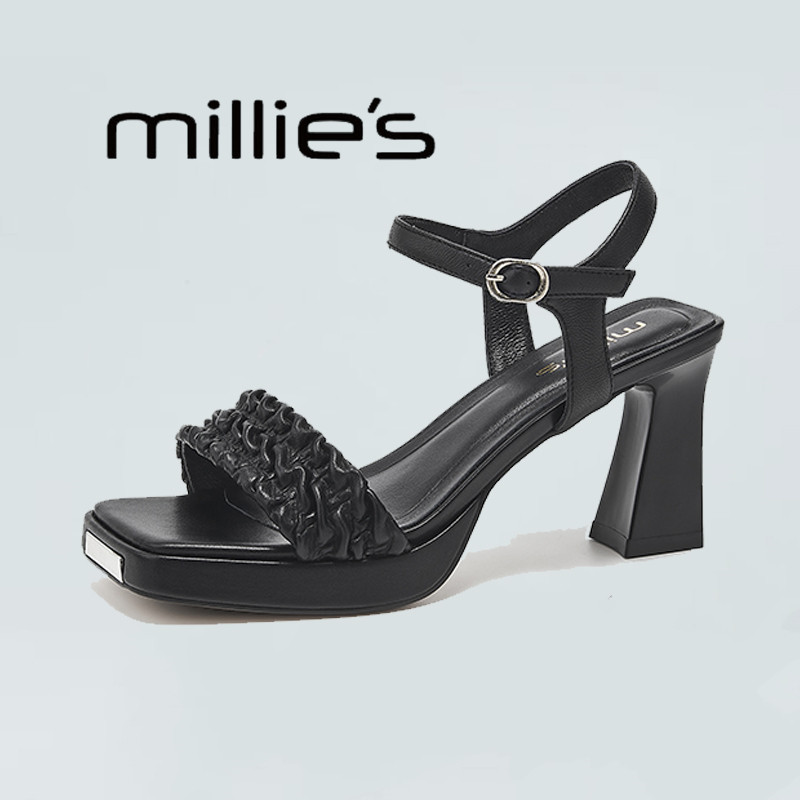 MILLIE'S/妙丽法式粗跟新款小个子增高配裙子绝美高跟凉鞋女夏季