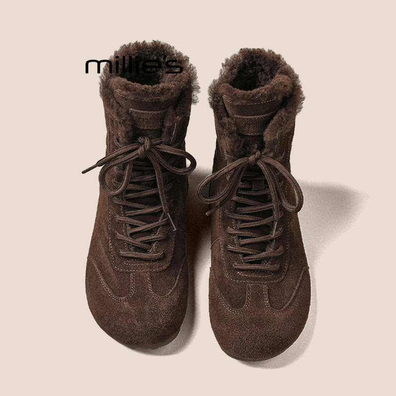MILLIE'S/妙丽复古加绒加厚系带短靴女2025冬季保暖磨砂皮棉靴Z,女鞋,时尚雪地靴,淘宝优惠券,粉丝福利购,淘宝优惠卷