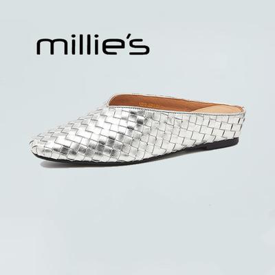 妙丽复古编织银色凉拖半拖鞋