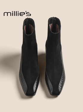 MILLIE'S/妙丽巨好看方头低跟袜靴早秋洋气弹力瘦瘦靴黑色小短靴