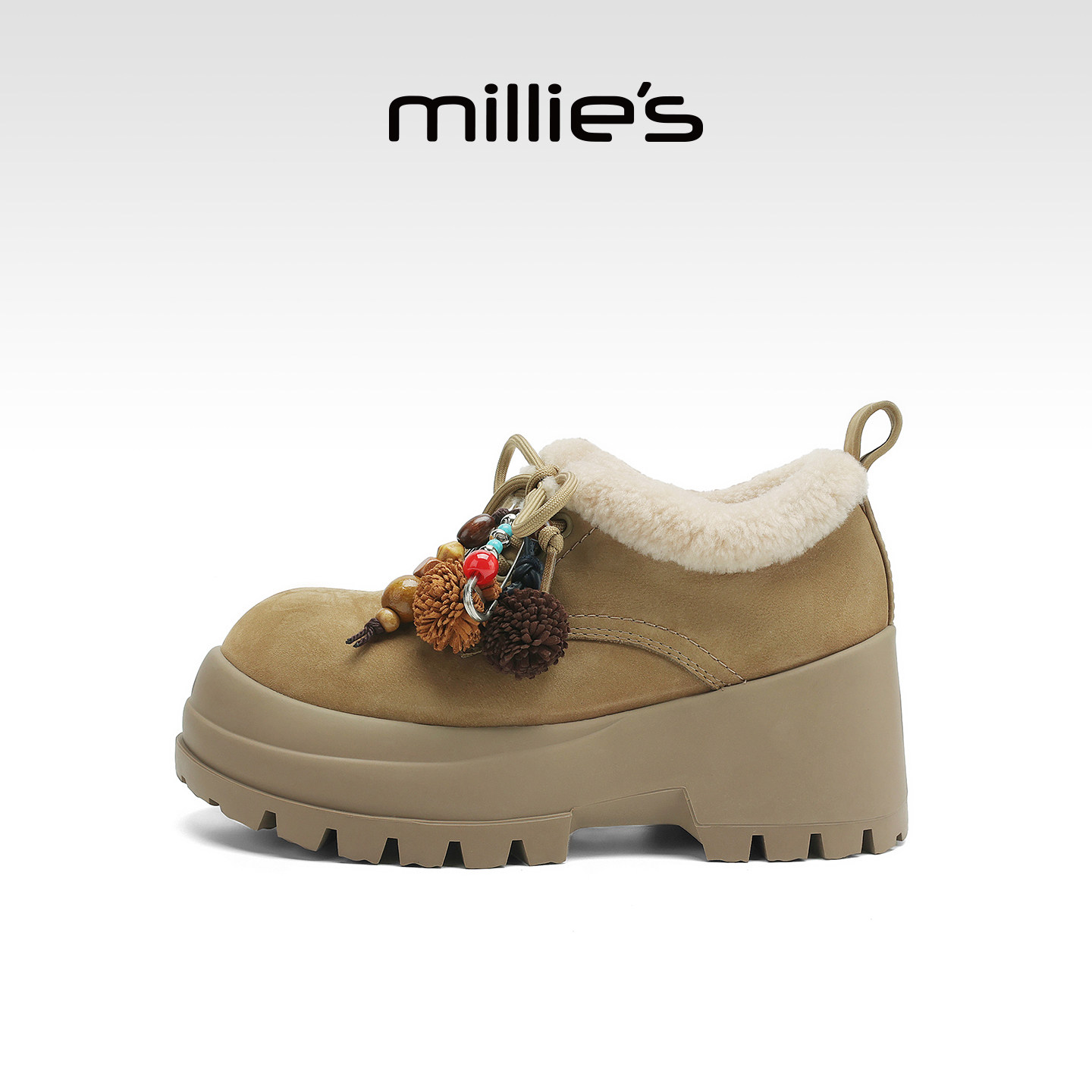 MILLIE'S/妙丽毛绒厚底老爹鞋女冬季加绒保暖增高勃肯鞋毛毛鞋Q