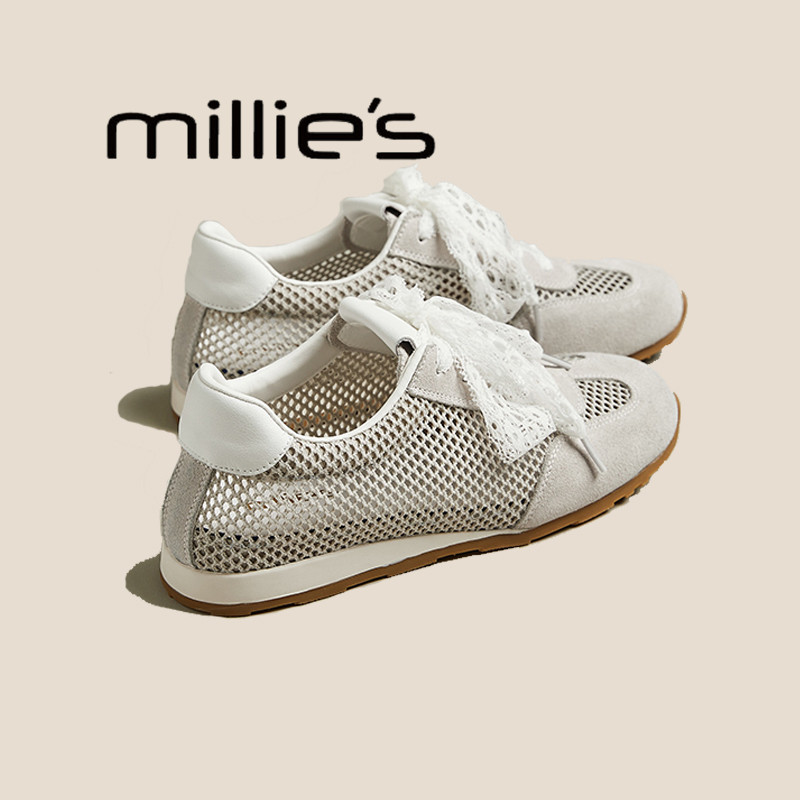 MILLIE'S/妙丽网面透气小白鞋女2026夏季新款女鞋时尚百搭德训鞋