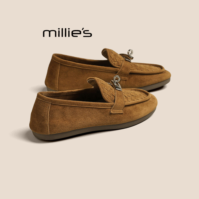 MILLIE'S/妙丽复古英伦风反绒皮乐福鞋女春季一脚蹬老钱风单鞋P
