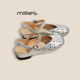 MILLIE 圆头镂空打孔透气包头一字扣带粗跟平底女凉鞋 妙丽法式