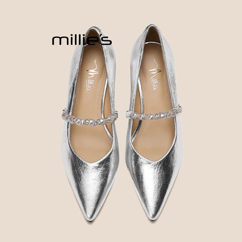 MILLIE'S/妙丽法式尖头珍珠一字带浅口单鞋女2026春款坡跟小皮鞋P