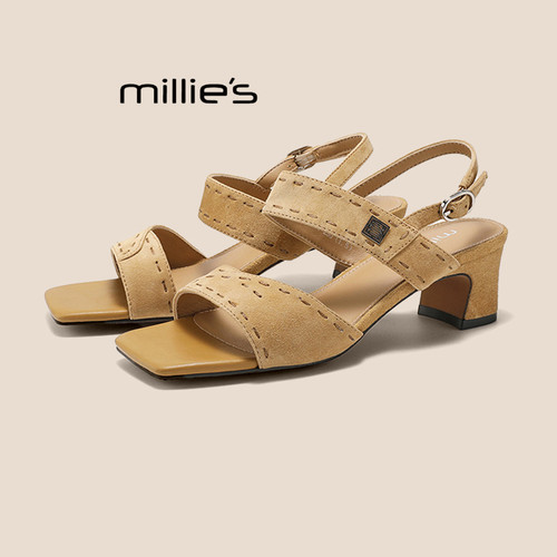 MILLIE'S/妙丽方头法式粗跟凉鞋