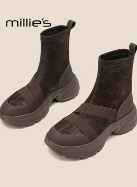 MILLIE'S/妙丽2026新款秋冬真皮弹力靴厚底增高靴休闲短筒雪地靴Z