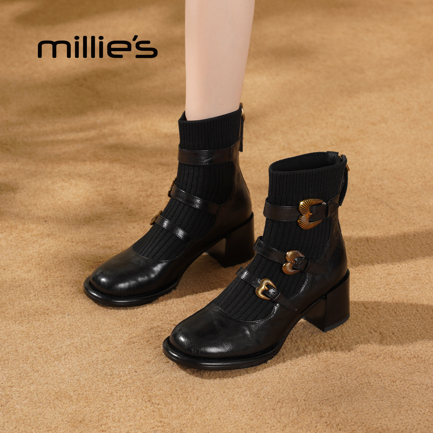 MILLIE'S/妙丽2025新款秋冬复古方头袜靴瘦瘦靴女粗跟短靴马丁靴,女鞋,时装靴,淘宝优惠券,粉丝福利购,淘宝优惠卷