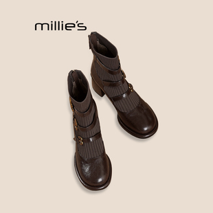 粗跟后拉链方头显瘦短靴子马丁靴Q 妙丽弹力靴皮带扣时尚 MILLIE