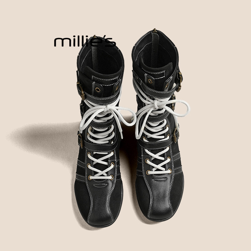 MILLIE'S/妙丽内增高马丁靴女拳击靴磨砂皮系带加绒短靴德训靴冬