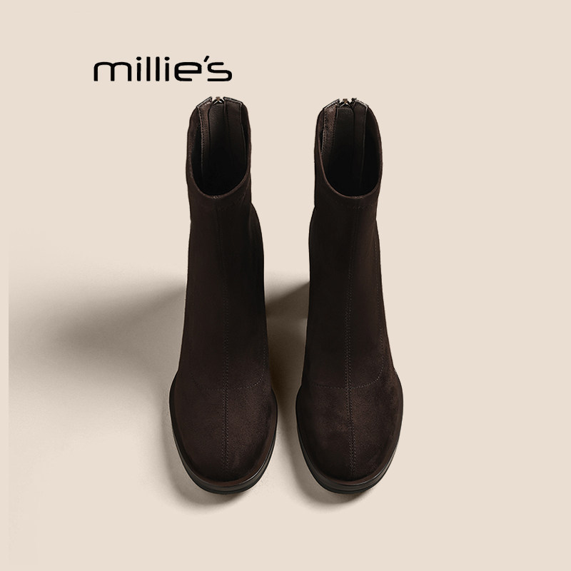MILLIE'S/妙丽粗跟女短靴2026新款秋冬加绒保暖显瘦高跟鞋时装靴Q