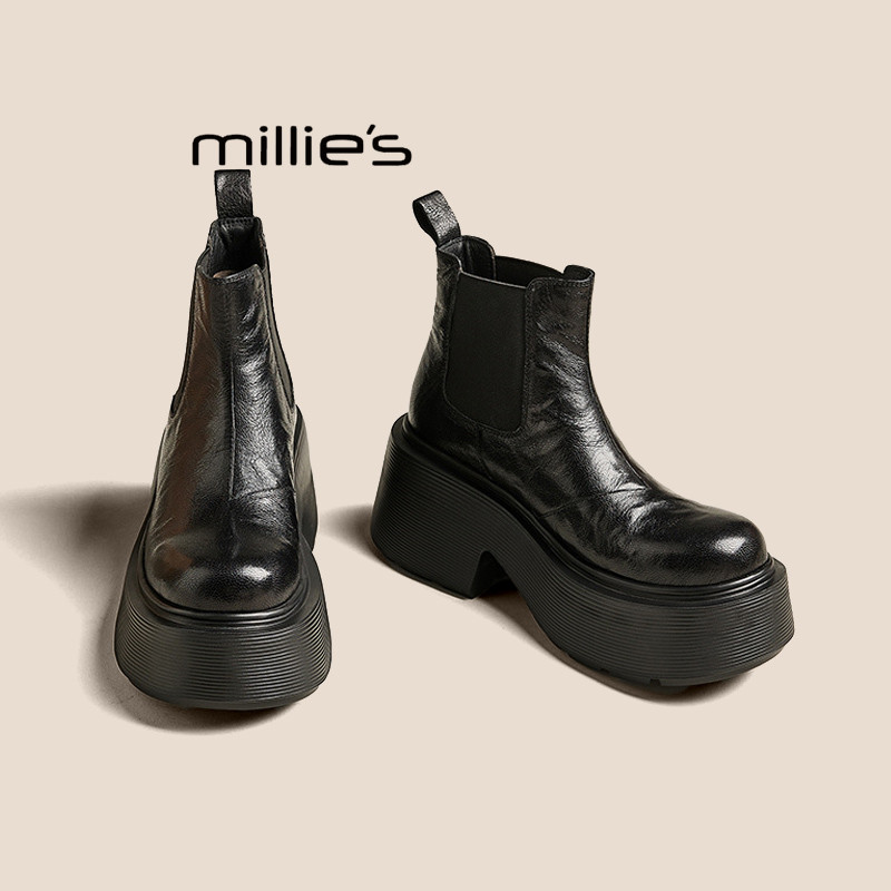 MILLIE'S/妙丽真皮厚底女鞋冬季新款时尚百搭增高加绒切尔西短靴,女鞋,切尔西靴,淘宝优惠券,粉丝福利购,淘宝优惠卷