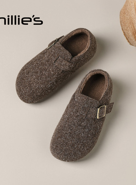 MILLIE'S/妙丽全包勃肯鞋女灰色毛绒皮带扣百搭懒人鞋一脚蹬Z