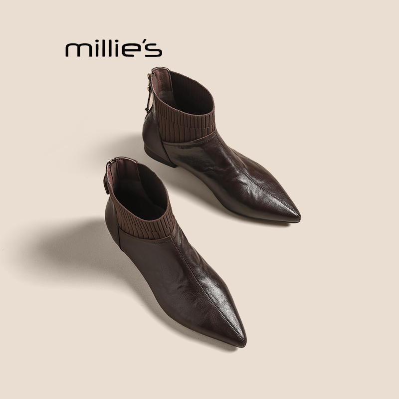 妙丽真皮尖头短靴女巨好看