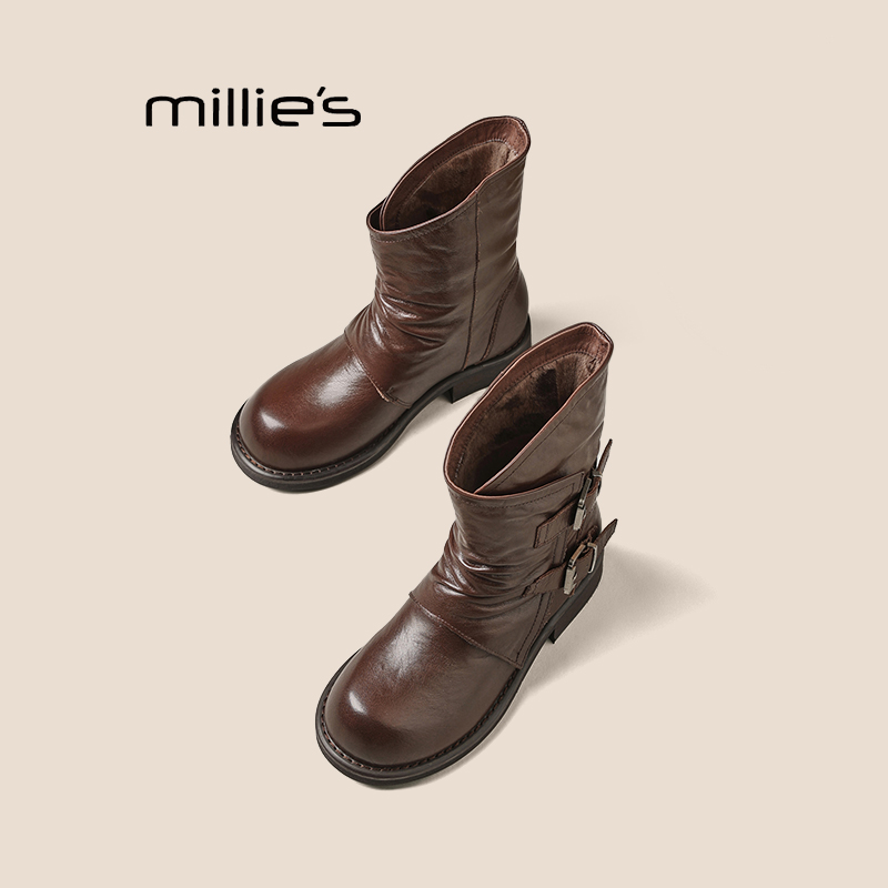 妙丽真皮褶皱马丁靴巨好看