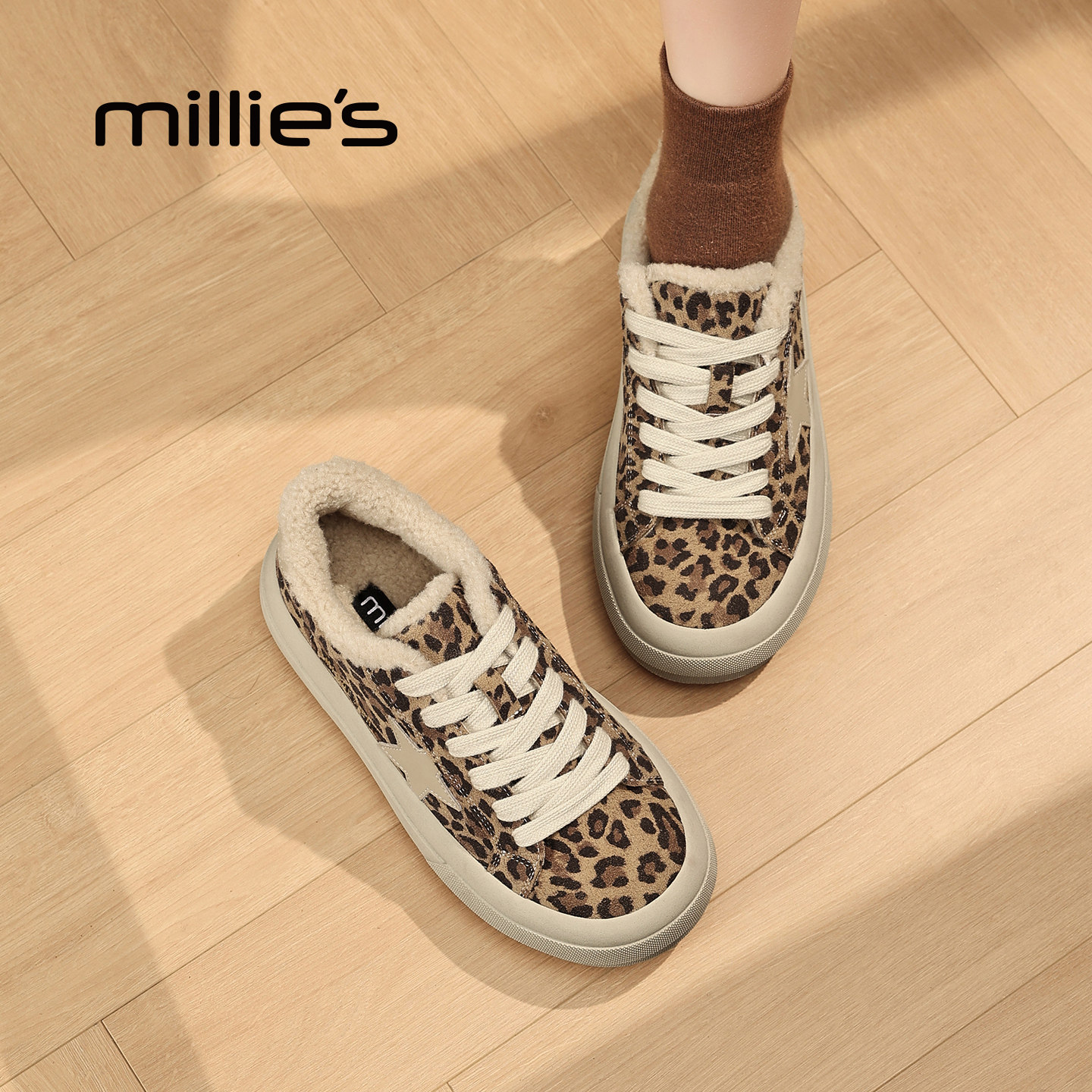 MILLIE'S/妙丽2025新款豹纹板鞋女加绒厚底休闲鞋真皮运动鞋潮Z,女鞋,休闲板鞋,淘宝优惠券,粉丝福利购,淘宝优惠卷