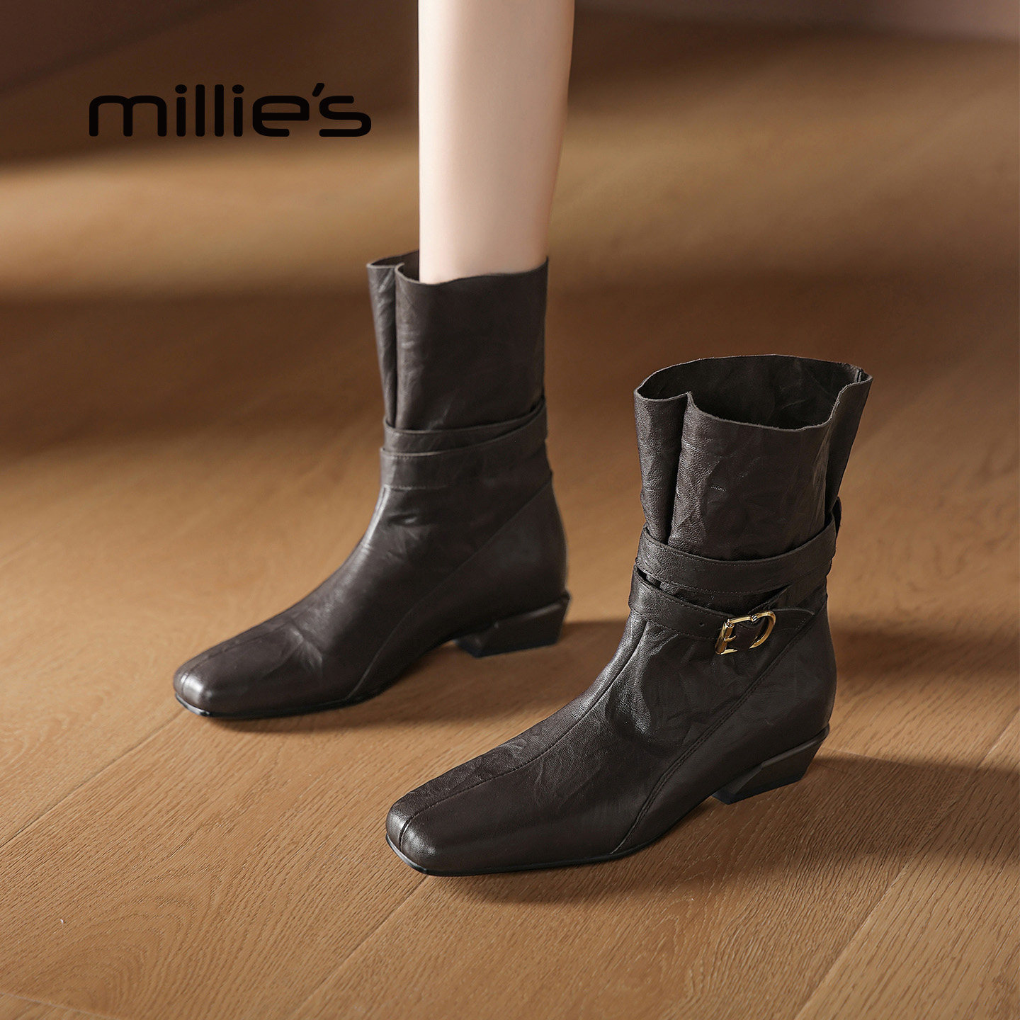 MILLIE'S/妙丽2025新款秋冬复古英伦风粗跟短靴女时尚百搭弹力靴,女鞋,弹力靴/袜靴,淘宝优惠券,粉丝福利购,淘宝优惠卷