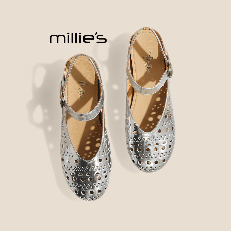MILLIE'S/妙丽2026夏季银色镂空包头凉鞋女一字扣透气平底穆勒鞋P