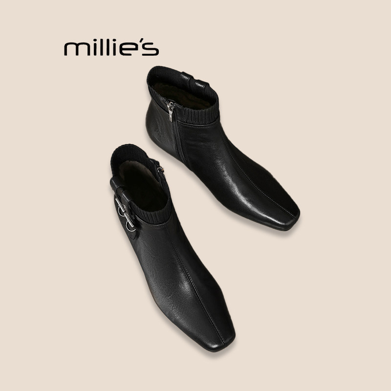 MILLIE'S/妙丽时尚潮流平底尖头弹力松紧口卡其色磨砂羊皮踝靴女P