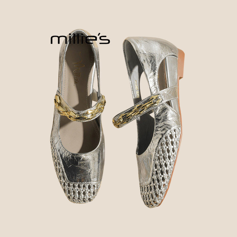MILLIE'S/妙丽编织镂空方头一字带凉鞋女夏外穿平底玛丽珍凉单鞋P