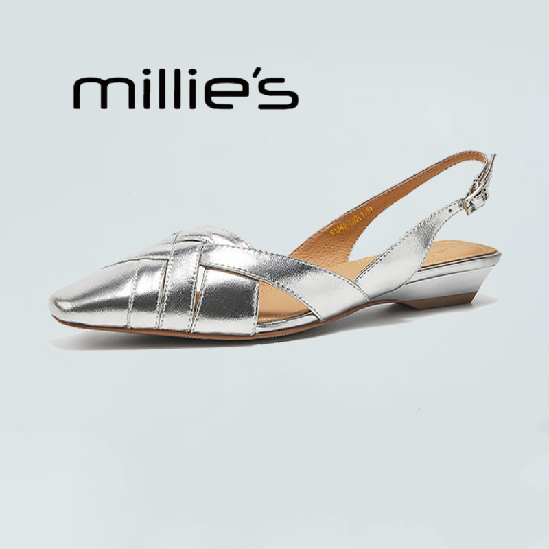MILLIE'S/妙丽羊皮软底包头凉鞋新款夏季不累脚女鞋舒适平底鞋
