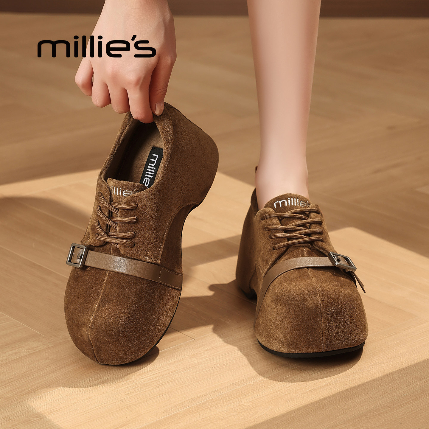 MILLIE'S/妙丽25秋新款磨砂真皮复古德比鞋内增高时尚百搭勃肯鞋,女鞋,健步鞋,淘宝优惠券,粉丝福利购,淘宝优惠卷