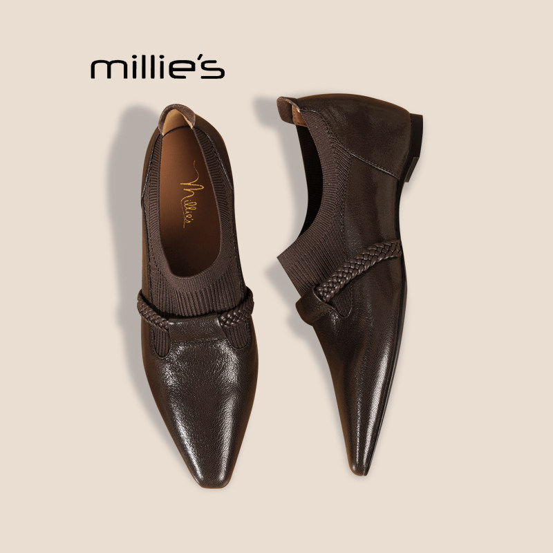 MILLIE'S/妙丽深口单鞋2026秋黑色新款休闲女鞋小方头真皮小皮鞋P