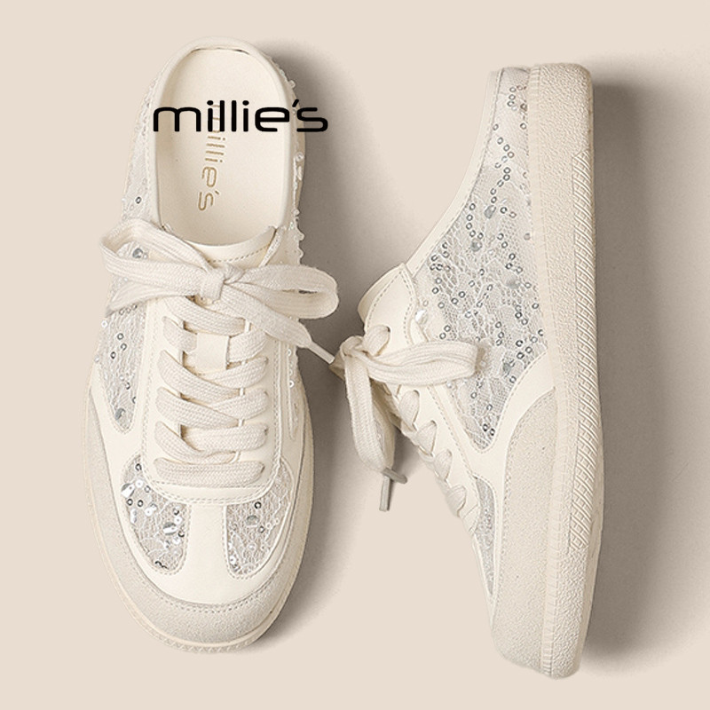 MILLIE'S/妙丽亮片德训半拖鞋女夏季外穿系带包头一脚蹬小白鞋P