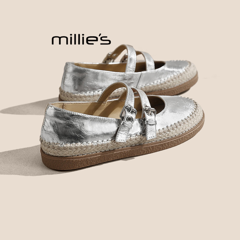 MILLIE'S/妙丽银色玛丽珍鞋女双排扣编织平底凉鞋不累脚休闲鞋P
