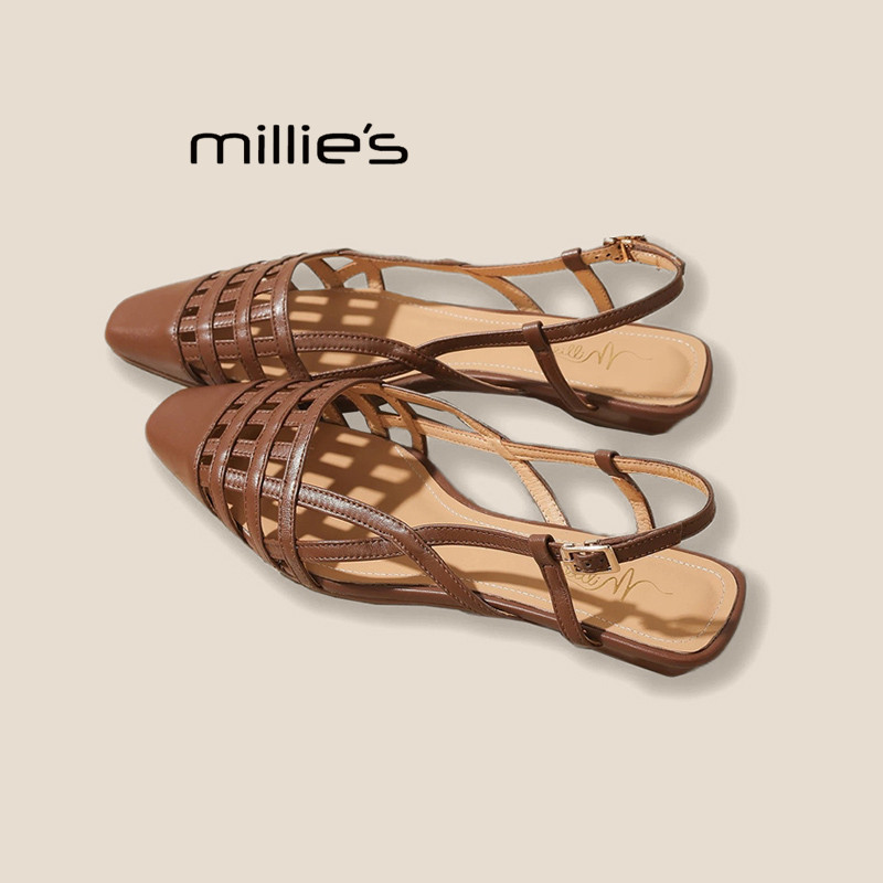 MILLIE'S/妙丽镂空编织包头凉鞋2025夏季新款女鞋方头平底罗马鞋,女鞋,婚鞋,淘宝优惠券,粉丝福利购,淘宝优惠卷