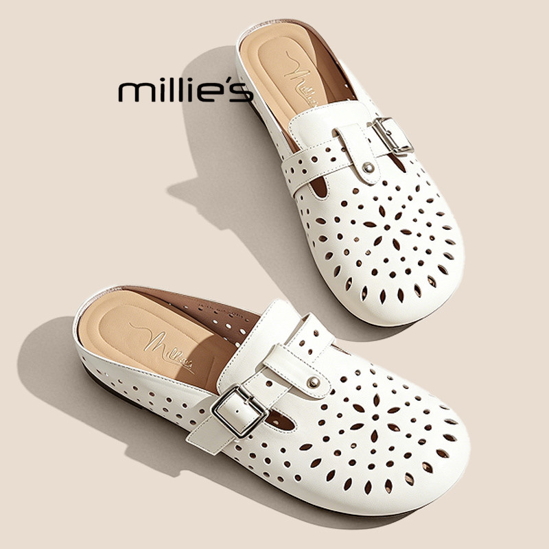 MILLIE'S/妙丽包头拖女外穿2026夏季真皮时尚软底半拖镂空凉拖鞋P