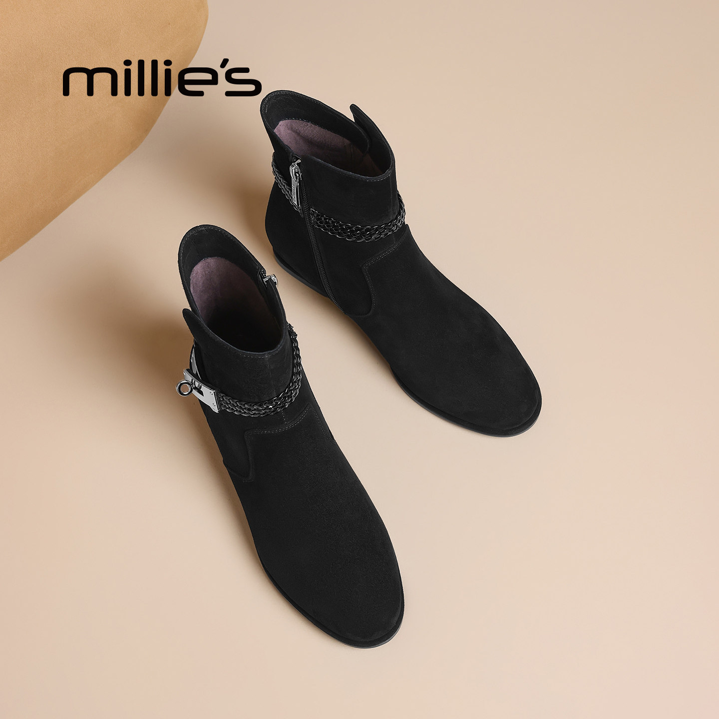 MILLIE'S/妙丽2026新款秋冬单靴法式复古方头短靴女英伦风及踝靴P