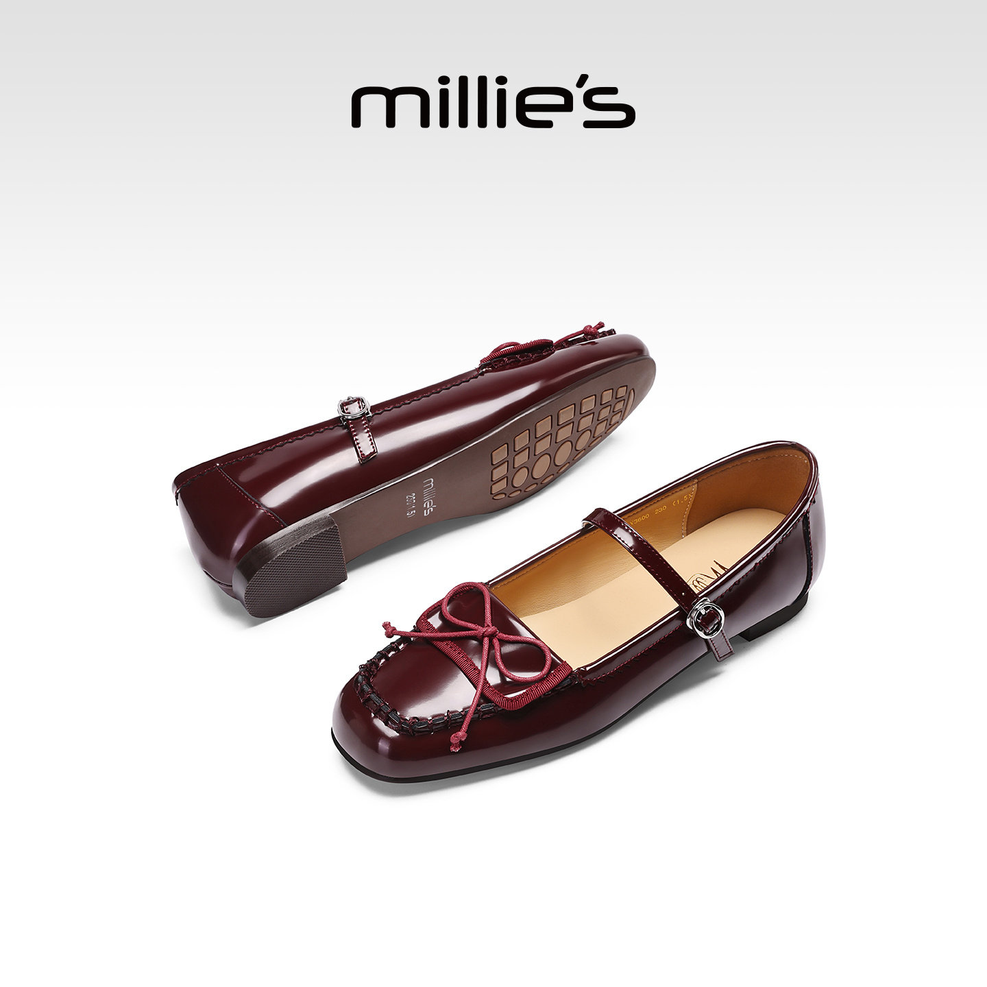 MILLIE'S/妙丽酒红色蝴蝶结玛丽珍鞋女低跟浅口单鞋气质芭蕾Z,女鞋,浅口单鞋,淘宝优惠券,粉丝福利购,淘宝优惠卷