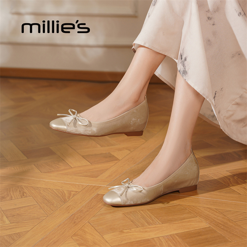 MILLIE'S/妙丽新中式芭蕾单鞋女杏色软底浅口瓢鞋2025夏季新款