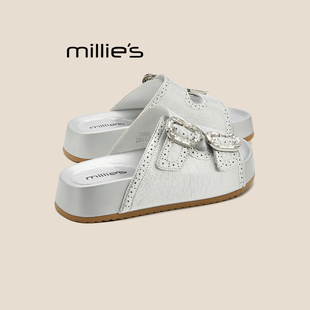 MILLIE'S/妙丽夏季新款真皮厚底水钻扣女拖鞋凉鞋百搭增高勃肯鞋