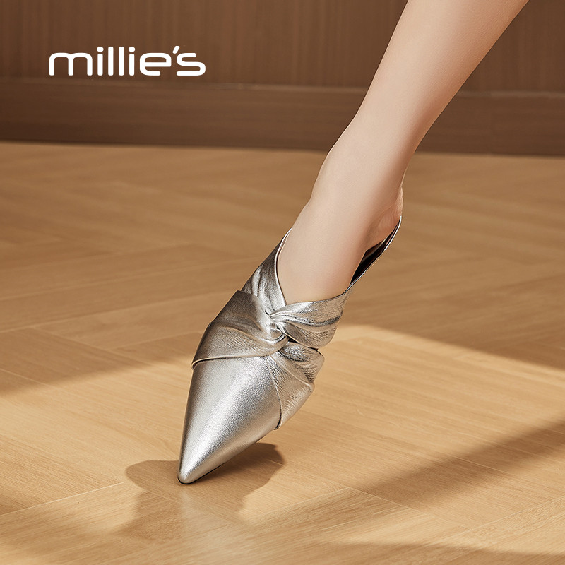 MILLIE'S/妙丽2026年新款尖头中跟凉鞋交叉带包头半拖平底拖鞋