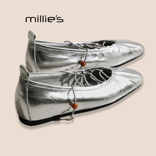 MILLIE'S/妙丽方头平底单鞋女款超火的鞋子新款春季内增高小皮鞋P