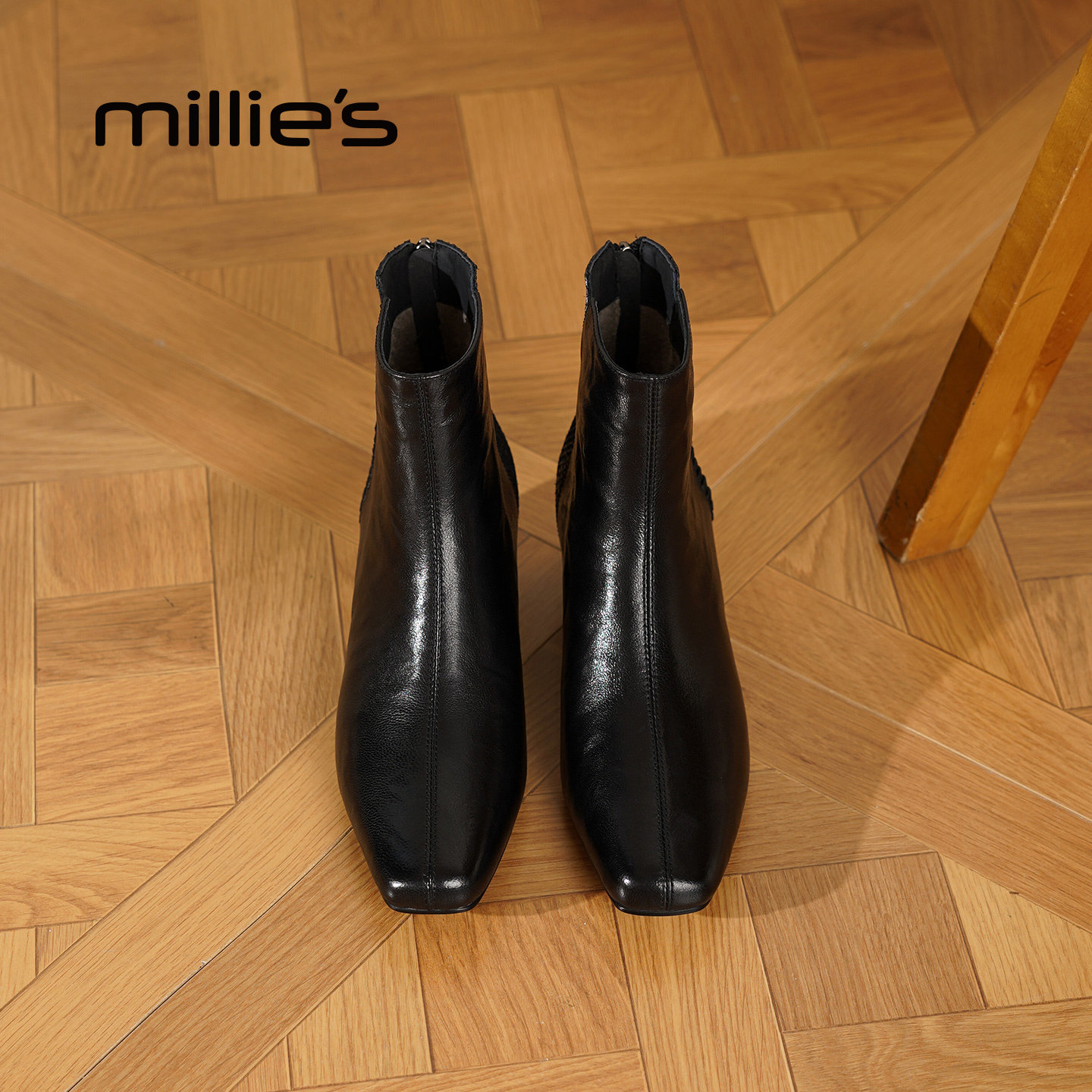 MILLIE'S/妙丽2026新款尖头黑色女短靴时尚百搭粗跟及踝靴P