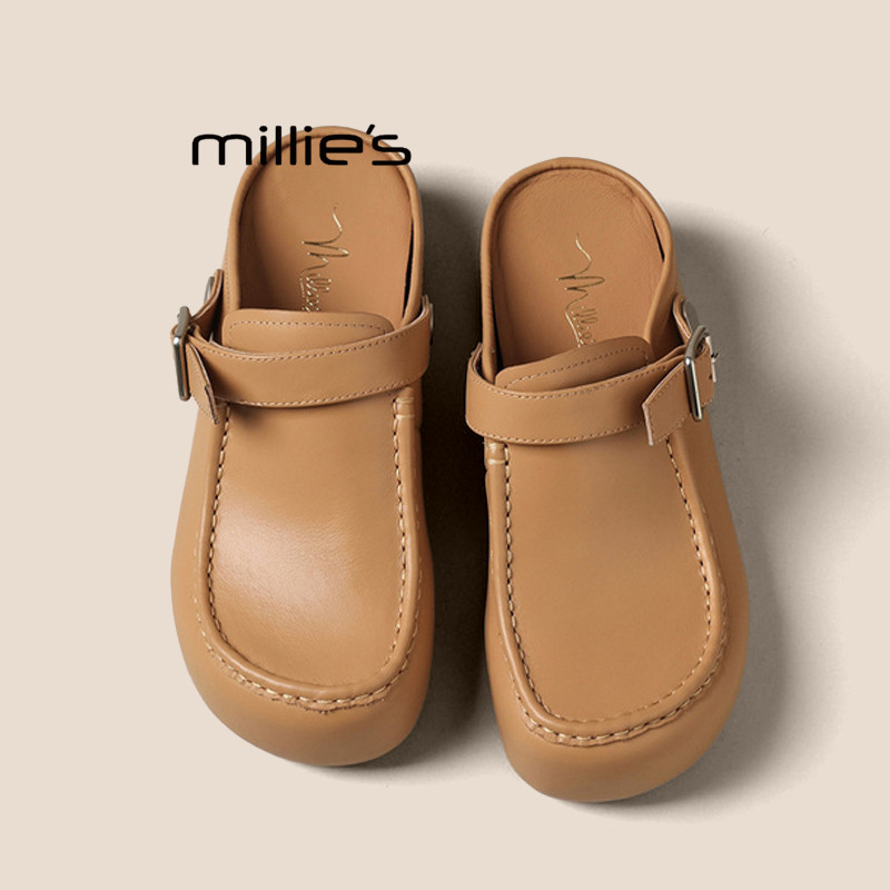 MILLIE'S/妙丽厚底勃肯包头半拖鞋女款2026春季款软底百搭增高鞋Q