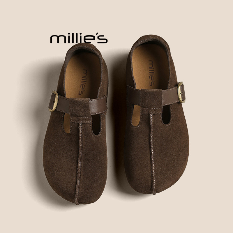 MILLIE'S/妙丽反绒皮全包搭扣勃肯鞋2026新款女款软底通勤乐福鞋Z