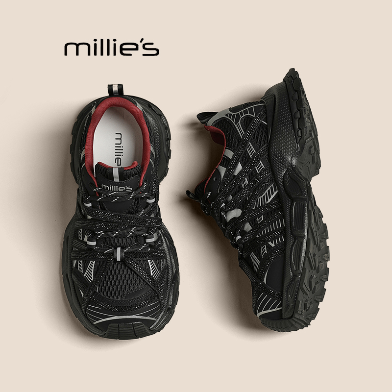 MILLIE'S/妙丽厚底增高水钻老爹鞋女秋季新款网面透气跑步女鞋Q
