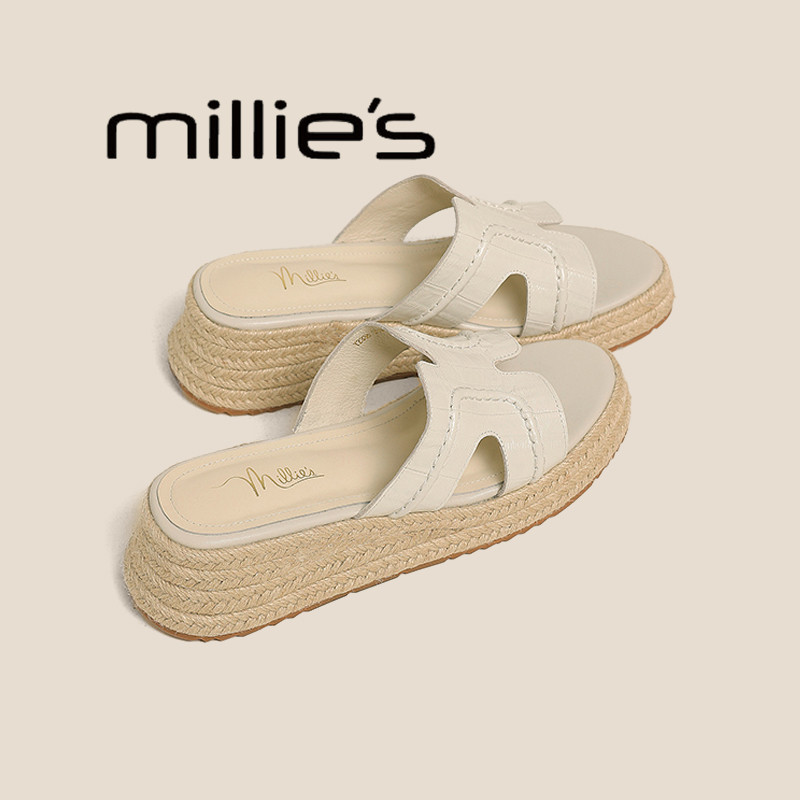MILLIE'S/妙丽露趾一字拖鞋女夏外穿厚底增高凉拖草编渔夫半拖夏,女鞋,一字拖,淘宝优惠券,粉丝福利购,淘宝优惠卷