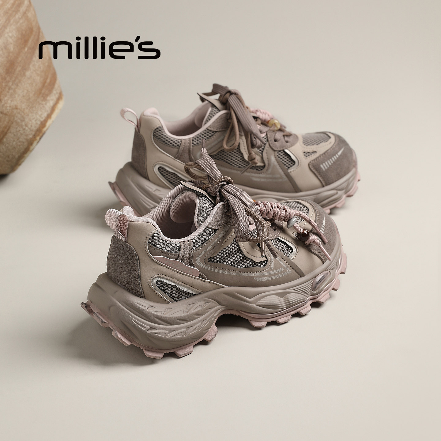 MILLIE'S/妙丽网面老爹鞋女2026新款厚底百搭休闲鞋米咖色运动鞋P