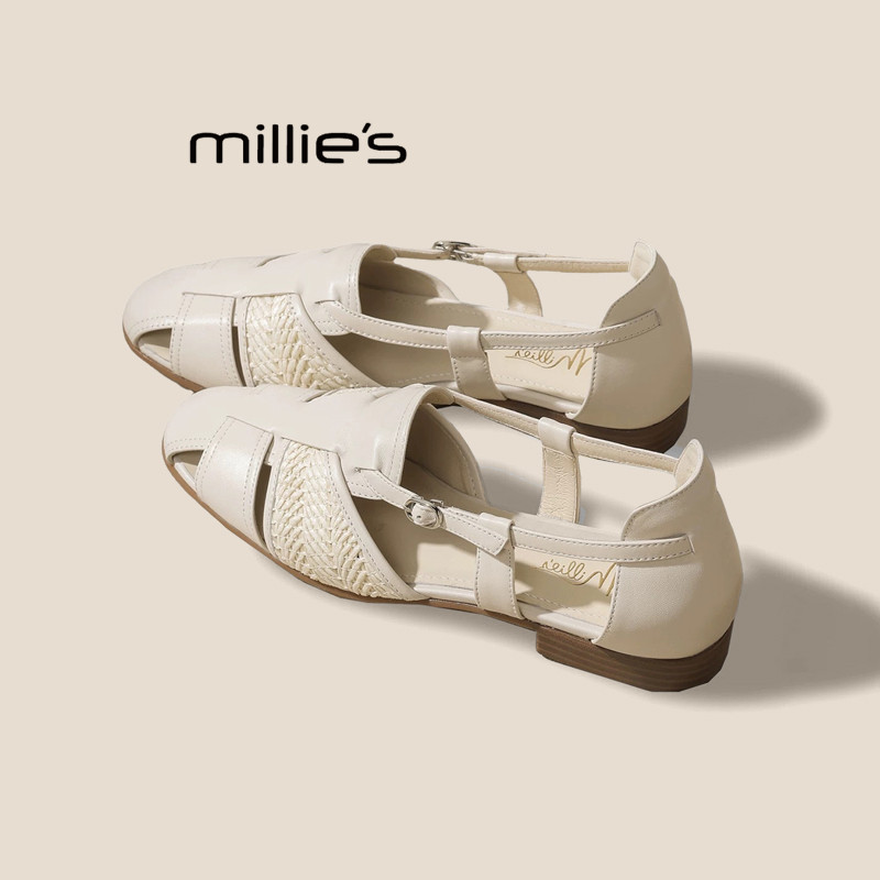 MILLIE'S/妙丽圆头平底镂空编织拼接设计感时尚休闲百搭凉鞋女鞋,女鞋,婚鞋,淘宝优惠券,粉丝福利购,淘宝优惠卷